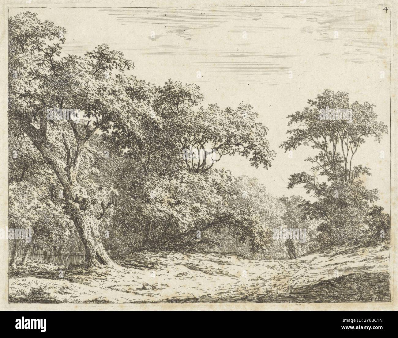 Paesaggio con alberi e un uomo sulla strada, paesaggio con alberi e un uomo sulla strada. Numerato in alto a destra: 4., stampa, stampatore: Adrianus Serné, (menzionato sull'oggetto), Paesi Bassi, 1783 - 1853, carta, incisione, altezza, 125 mm x larghezza, 161 mm Foto Stock