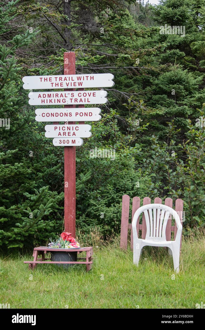 Sentiero con cartello segnaletico a Cape Broyle, Terranova e Labrador, Canada Foto Stock
