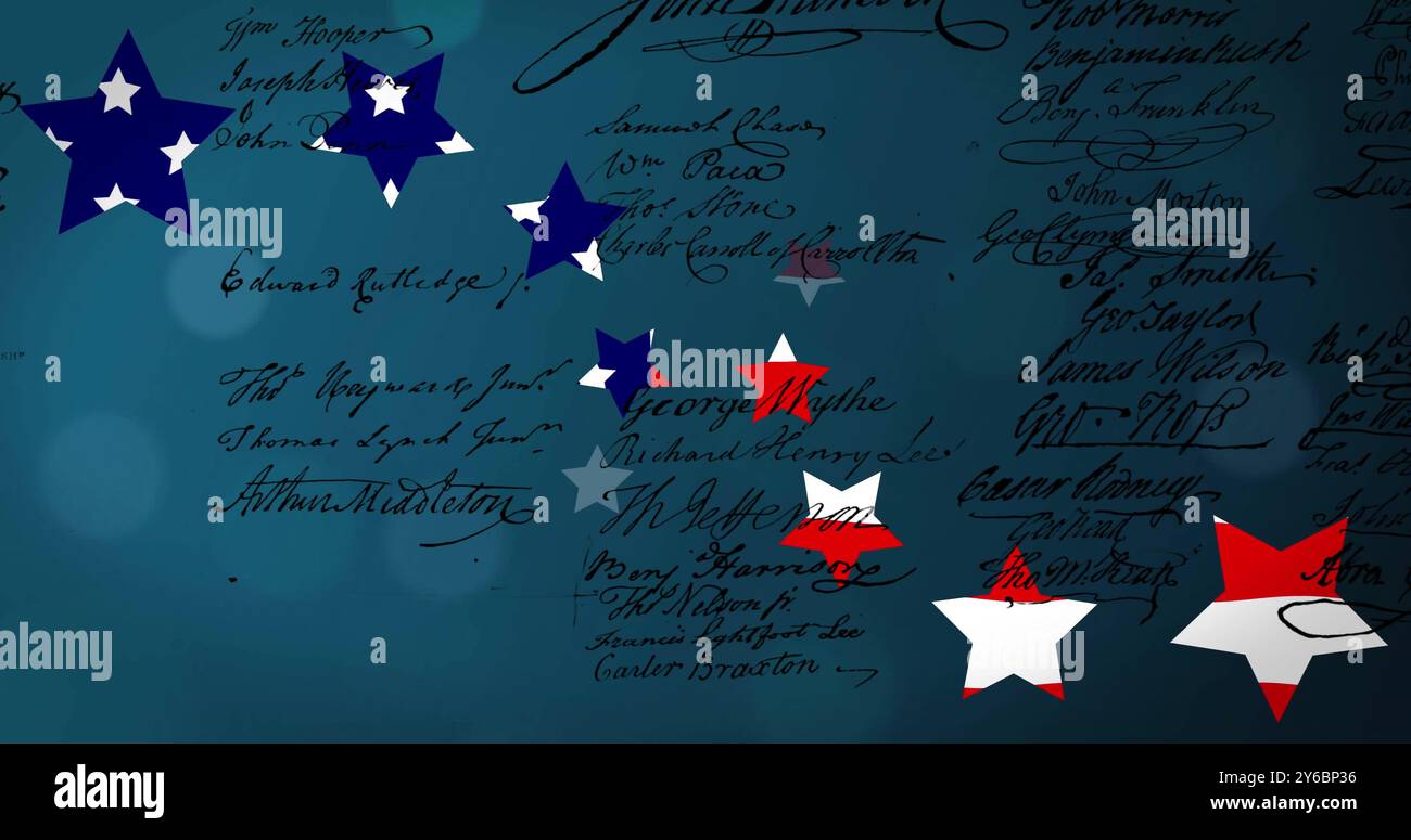 Immagine di stelle e strisce della bandiera americana sulla dichiarazione di indipendenza sul blu Foto Stock