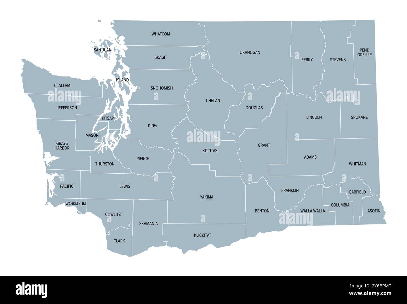 Washington, stato degli Stati Uniti suddiviso in 39 contee, mappa politica grigia con confini e nomi di contea. Foto Stock