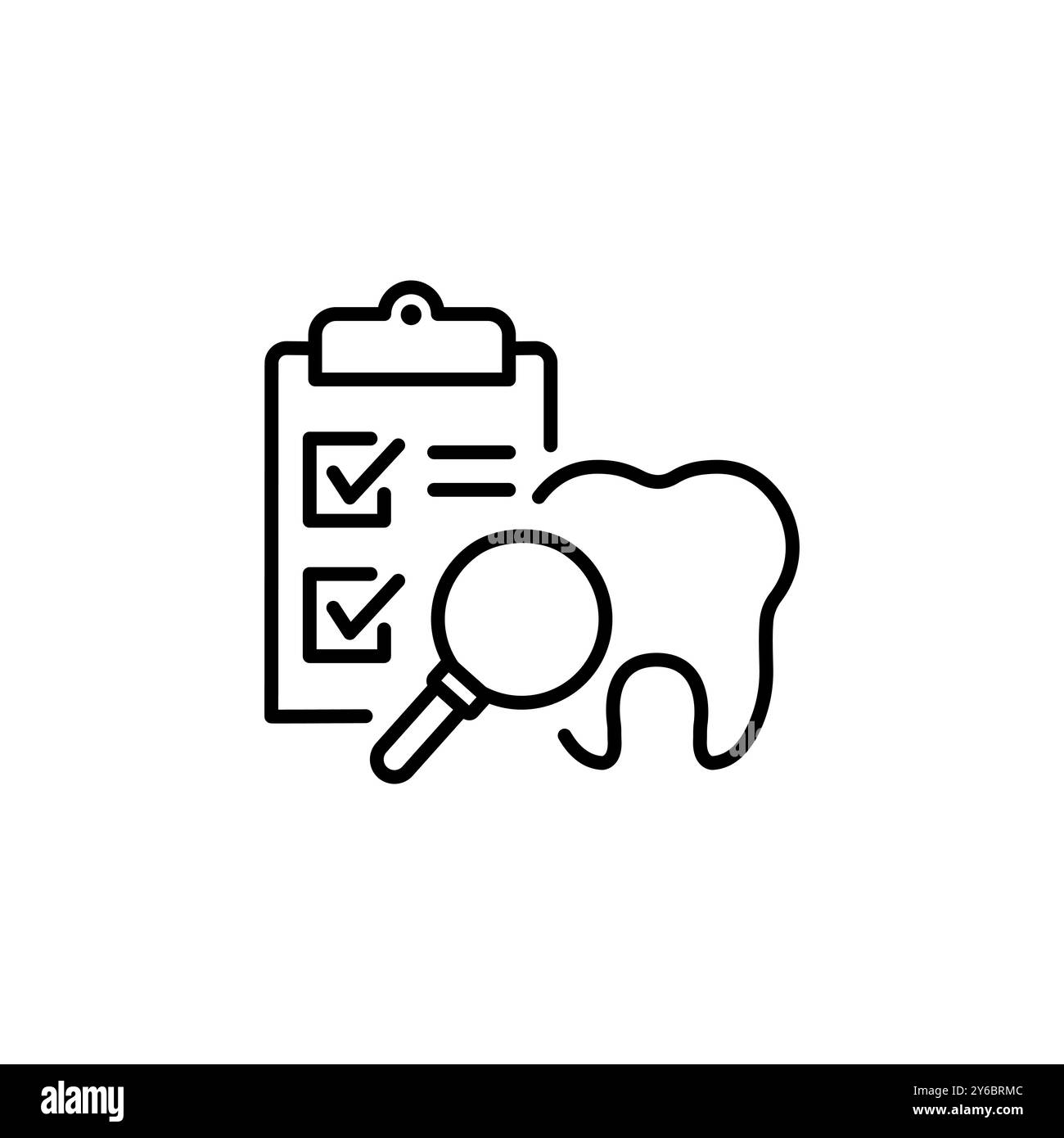 Icona dentista Checkup, dente con lente di ingrandimento, esame dentale, simbolo di linea sottile isolato su sfondo bianco, illustrazione vettoriale traccia modificabile Illustrazione Vettoriale