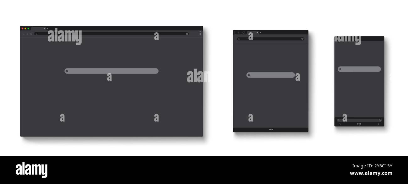 Mockup dinamico della finestra del browser con barra degli indirizzi url, casella di ricerca e barra degli strumenti. Set vettoriale di modelli di siti Web per la presentazione software su computer o laptop, tablet e schermo di telefoni cellulari. Illustrazione Vettoriale