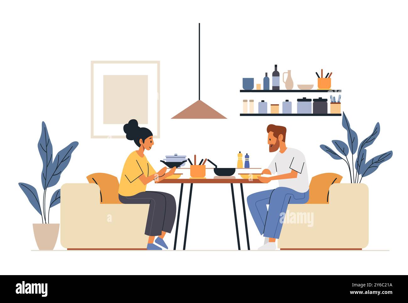 In coppia, cucina casalinga, utensili da cucina, piante, arredamento minimalista, atmosfera accogliente Illustrazione Vettoriale