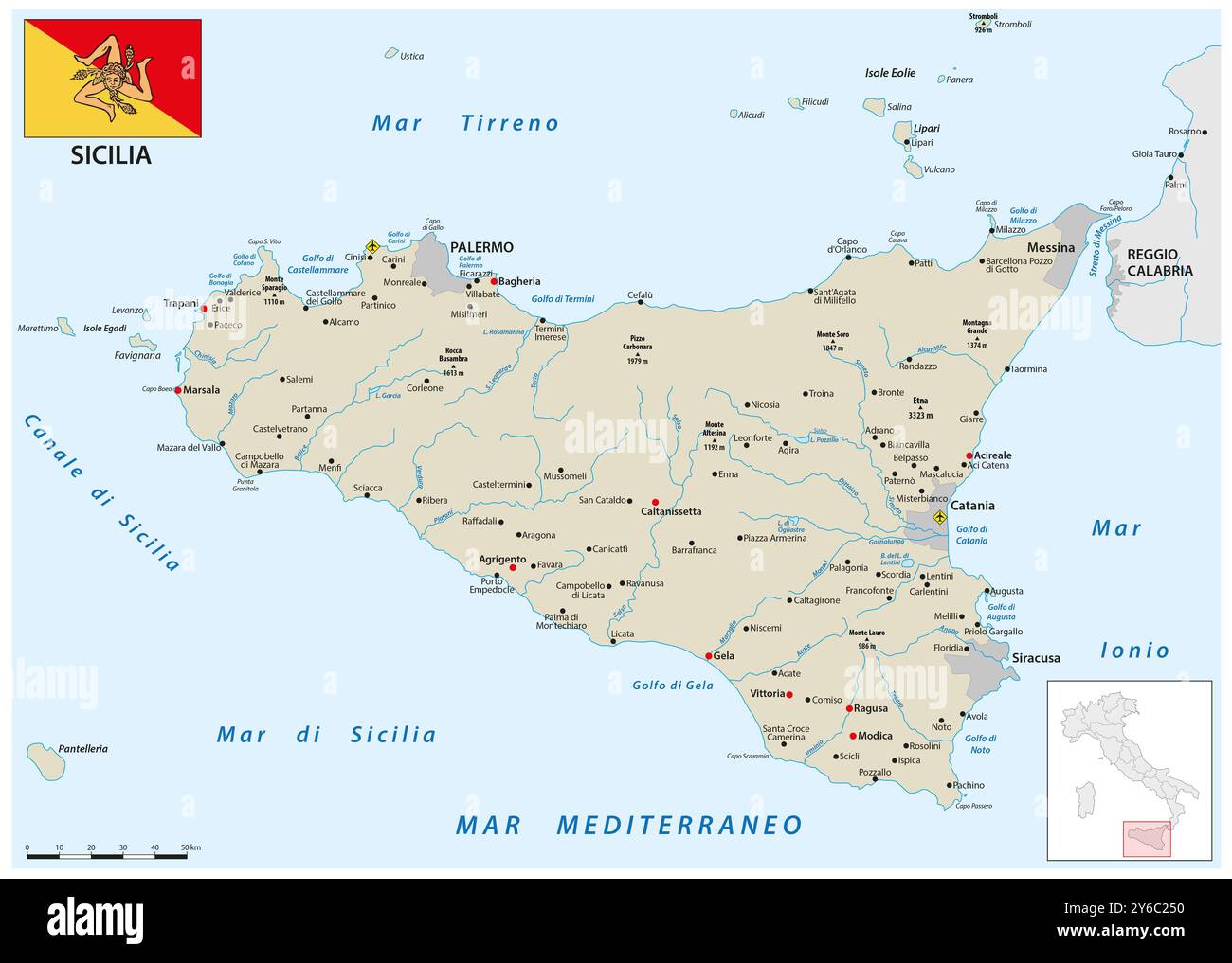 Mappa dell'isola mediterranea italiana di Sicilia Foto Stock