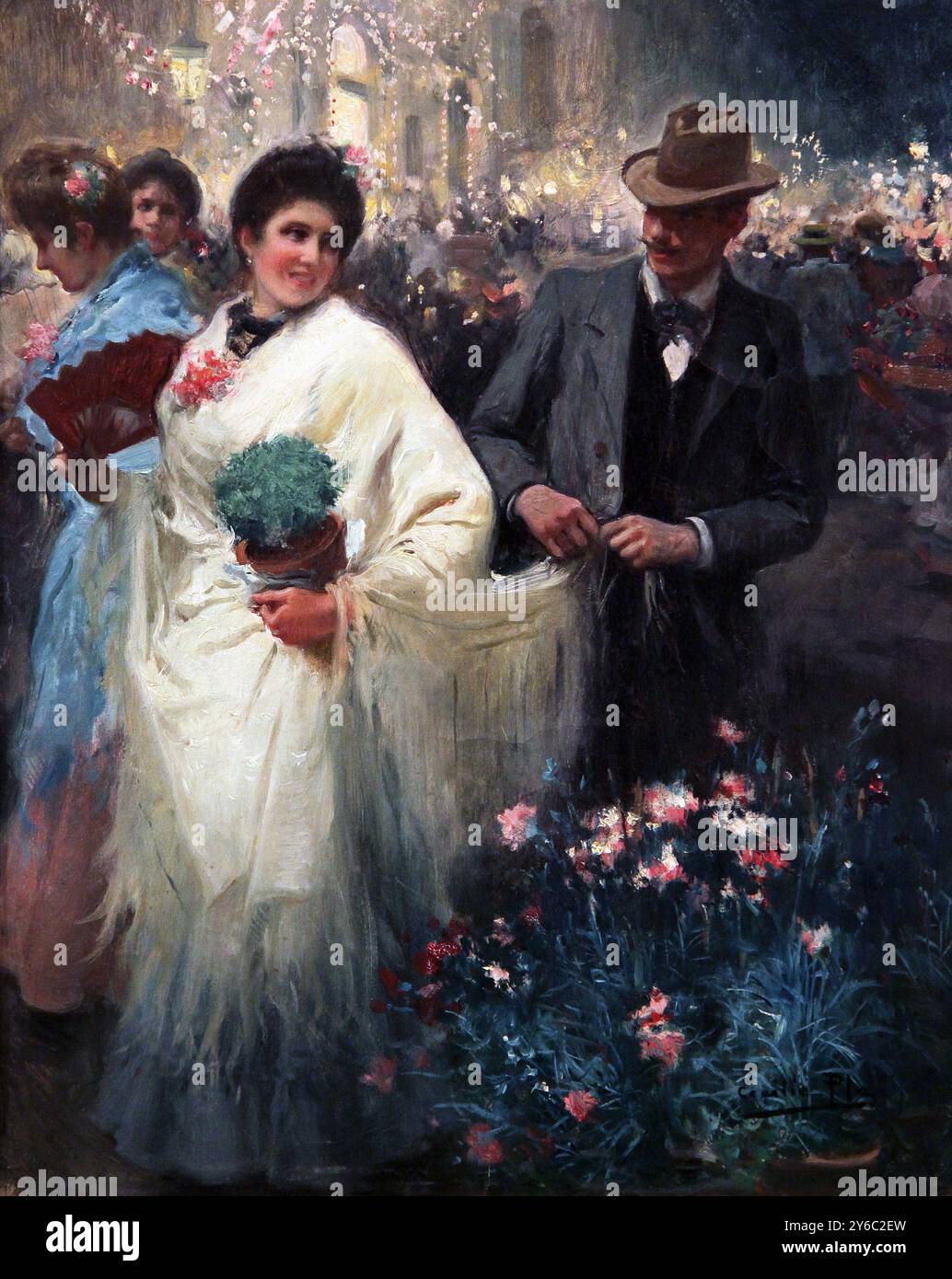 La Verbena / The Verbena (ballo all'aperto) di Cecilio Pla y Gallardo (1859-1934). Coppia elegante passeggiando attraverso una notte affollata con luci accese. Foto Stock