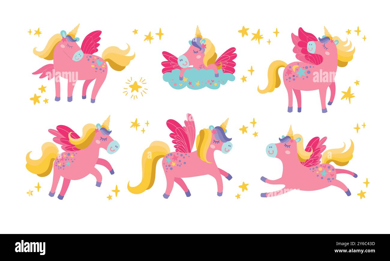 Set unicorno vettoriale. Collezione di animali Fantasy con corno giallo e criniera rosa. Personaggio da fiaba di cavallo seduto, correndo, dormendo. crea, la magia dei cartoni animati Illustrazione Vettoriale