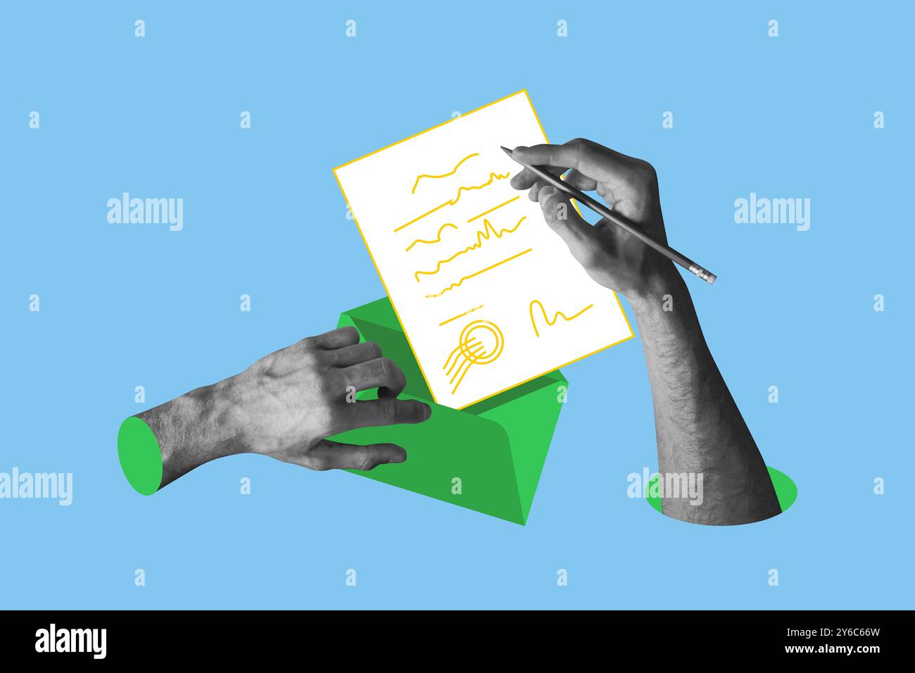 Grafica di tendenza composita collage di immagini di schizzo di maniglia carta scrittura documento firma comunicazione approvazione processo Foto Stock