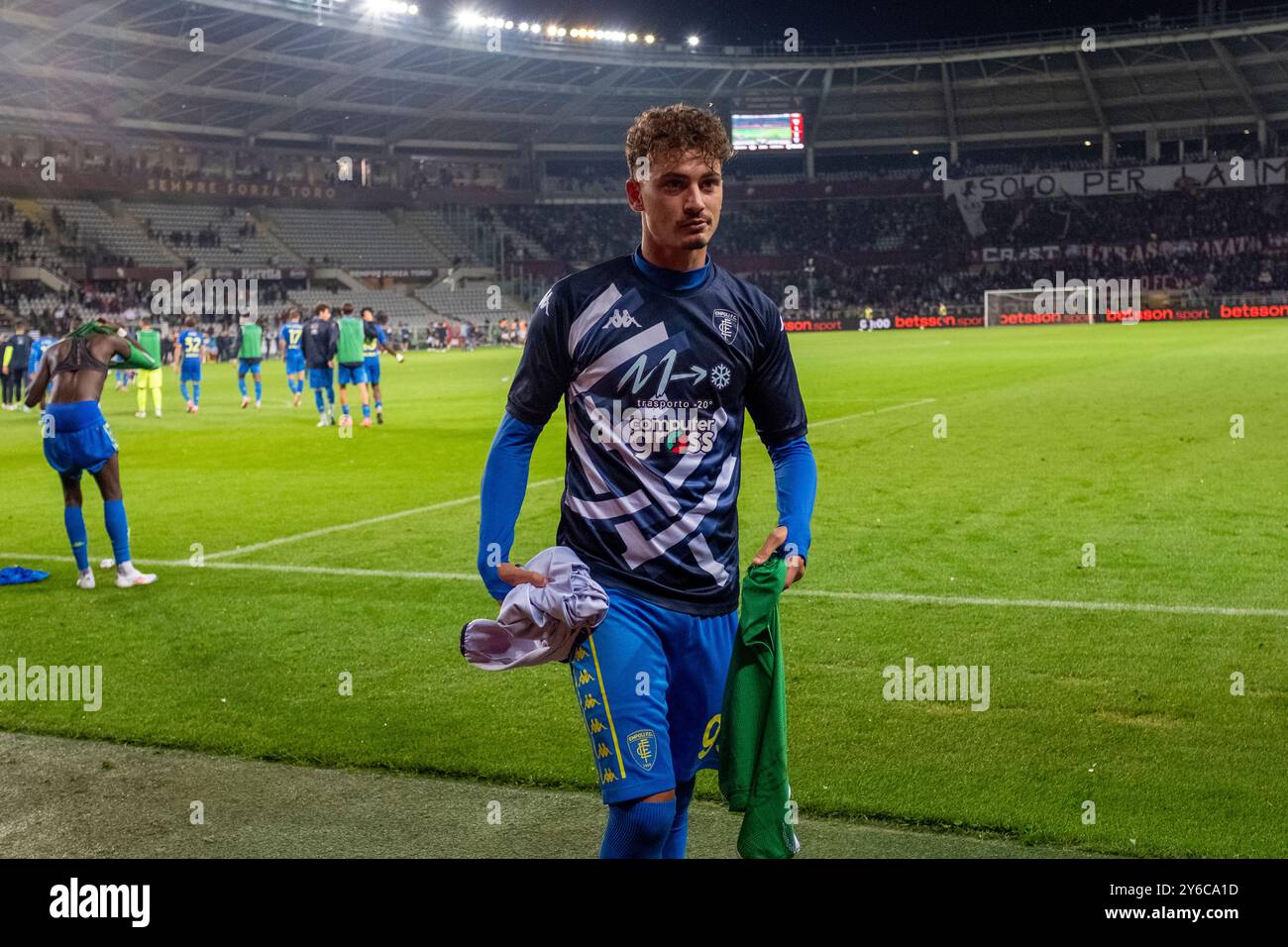 Sebastiano Esposito dell'Empoli FC celebra la vittoria della partita di Coppa Italia tra Torino FC e Empoli FC allo Stadio Olimpico grande Torino di settembre Foto Stock