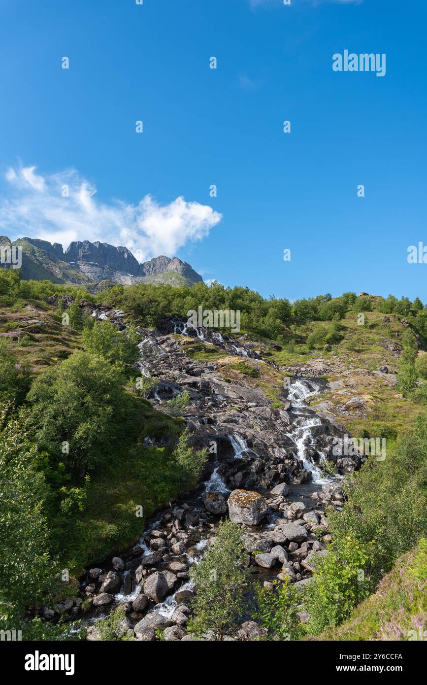 Immagine del paesaggio con la cascata Sorvagen a Munkebu-stig, Sorvagen, Lofoten, Norvegia, Europa Foto Stock