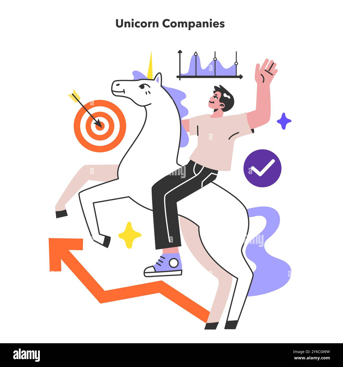 Affari dell'unicorno. Una nuova azienda del valore di oltre 1 miliardo di dollari. Startup innovativa e creativa, impresa di successo. Illustrazione vettoriale piatta Illustrazione Vettoriale