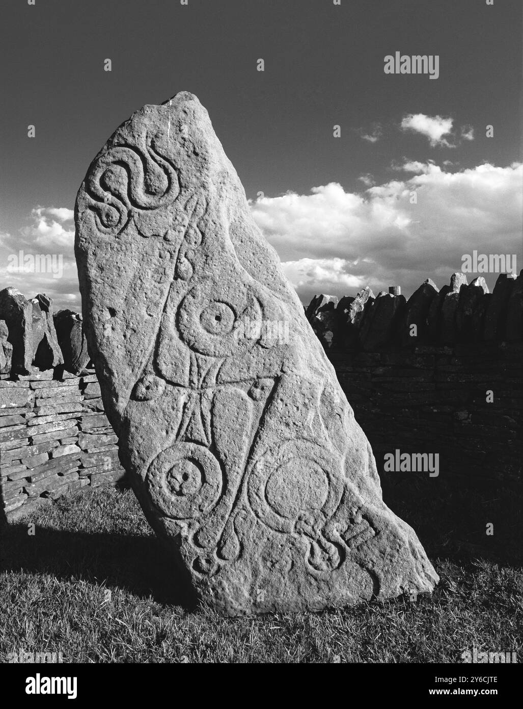 La pietra Serpente (Aberlemno i), una delle pietre scultoree di Aberlemno ad Angus, Scozia. Si tratta di una piccola collezione di pietre simbolo pitte scolpite del VII o VIII secolo d.C. Aberlemno i è una pietra preistorica riutilizzata, che si pensa sia ancora nella sua posizione originale. I simboli includono un serpente, uno specchio e un pettine, e un doppio disco - i significati sono sconosciuti. Foto Stock