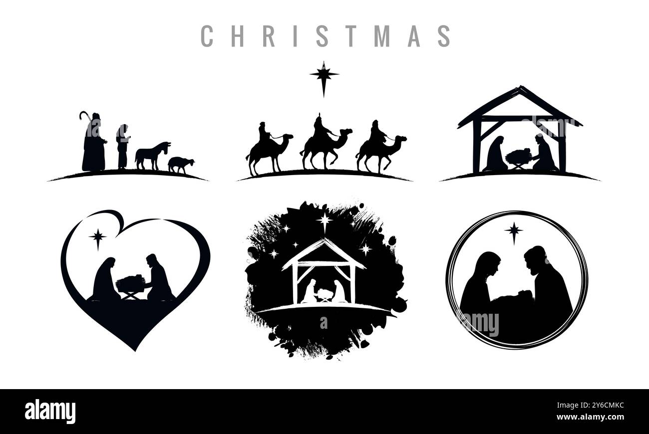 Set di icone di Natale della Natività, presepe con Gesù bambino, Giuseppe, Maria, pastori e tre saggi. Collezione di silhouette cristiane tradizionali Illustrazione Vettoriale