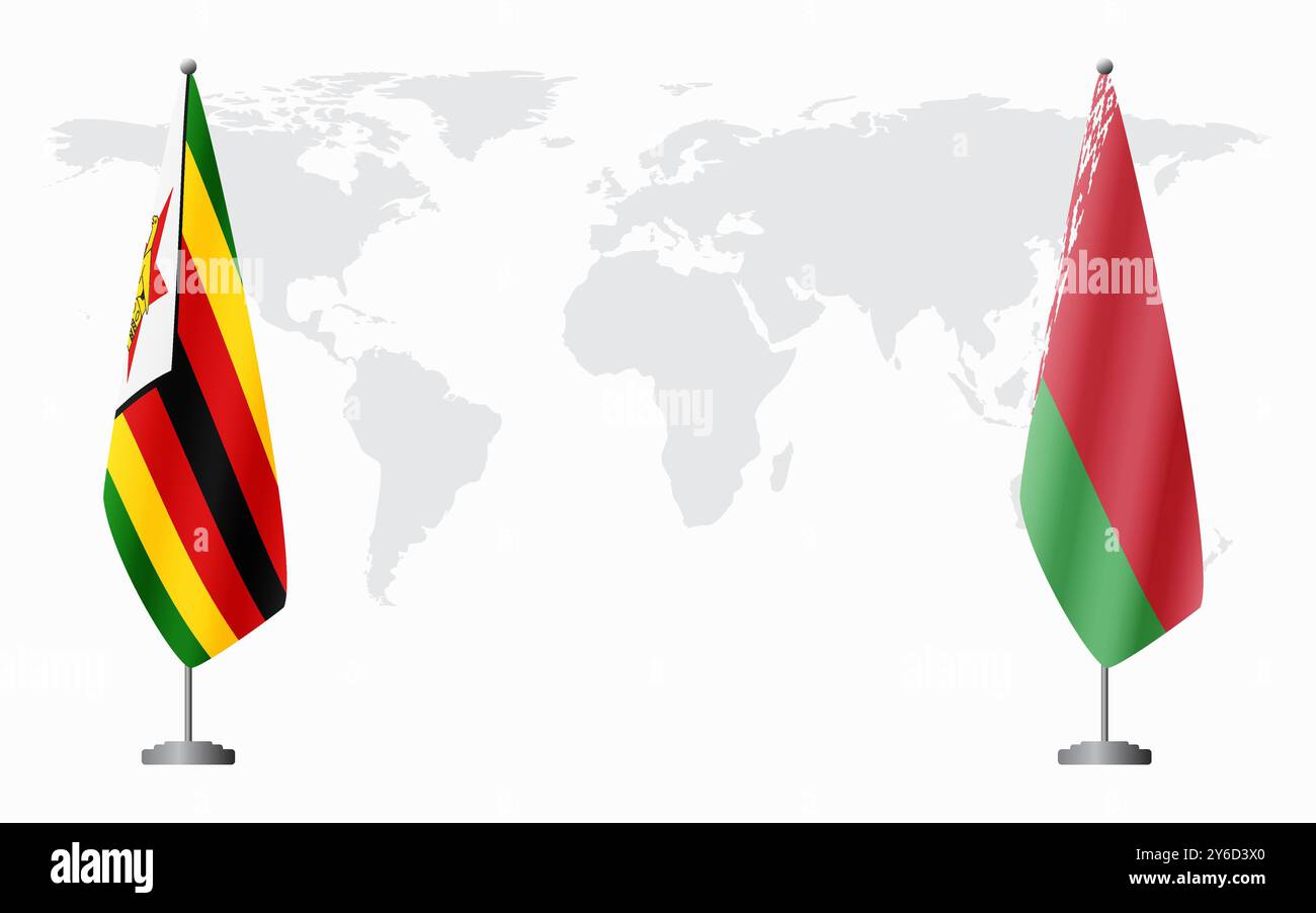 Bandiere dello Zimbabwe e della Bielorussia per una riunione ufficiale sullo sfondo della mappa mondiale. Illustrazione Vettoriale