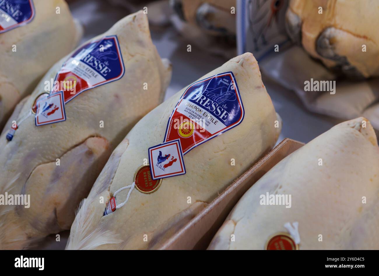 Louhans (Francia centro-orientale), 16 dicembre 2023: The Glorieuses de Bresse Bresse Poultry contest che riunisce allevatori di pollame DOP e professionisti della gastronomia Foto Stock