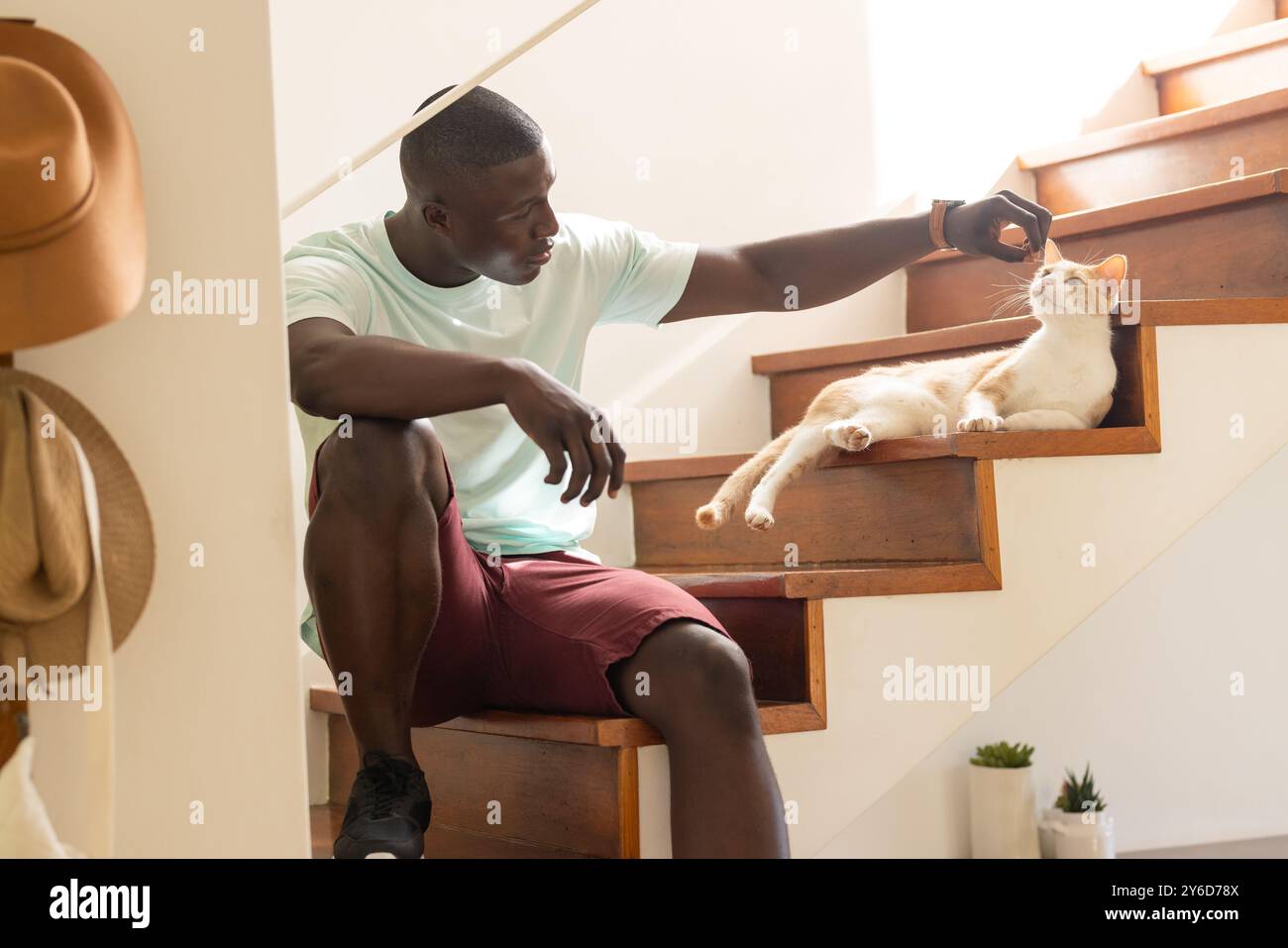 Accarezzare il gatto sulle scale, uomo afro-americano che si diverte a casa Foto Stock