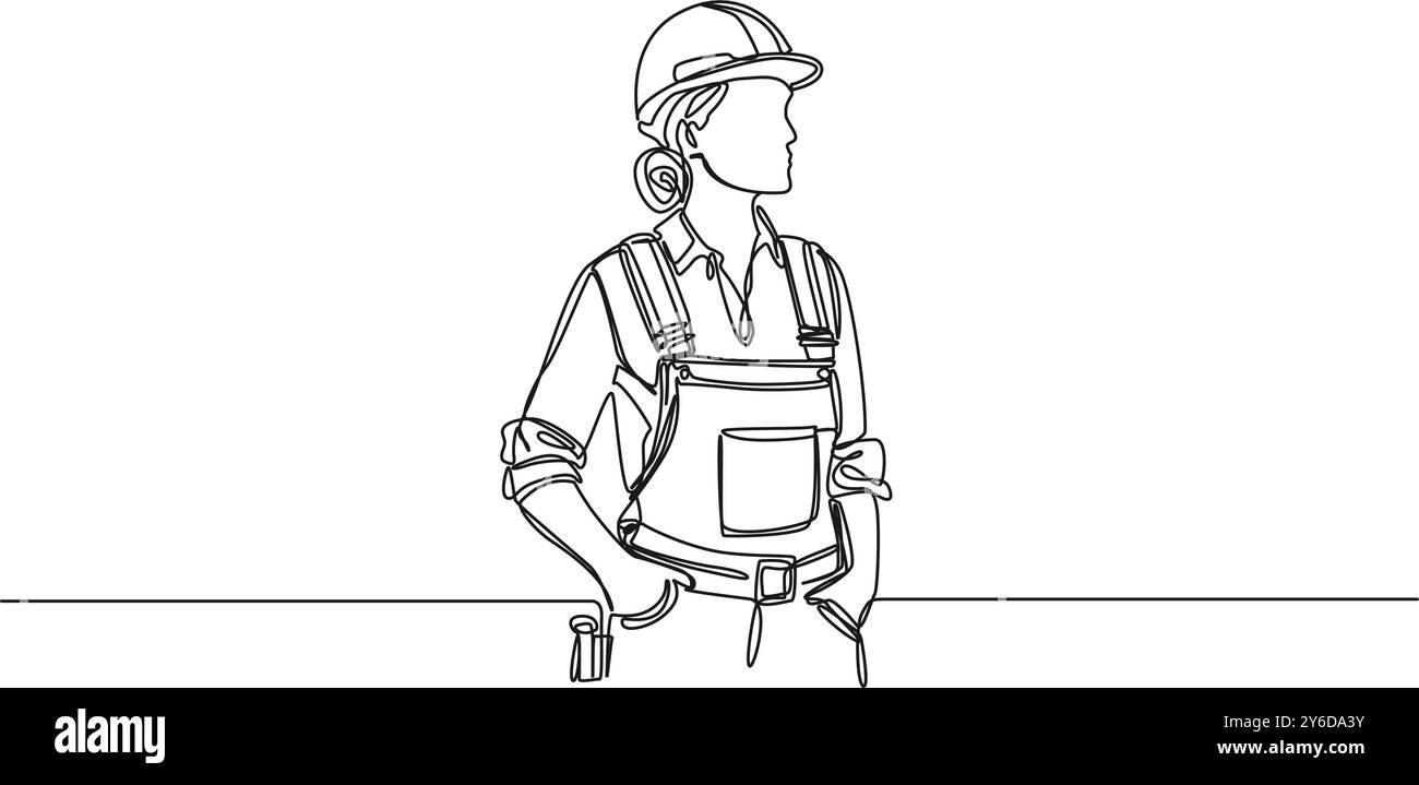 disegno continuo a linea singola di una lavoratrice edile, illustrazione vettoriale line art Illustrazione Vettoriale