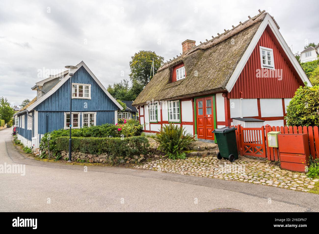 Una casa di legno blu scuro e una casa a graticcio rosso e bianco con un spesso tetto di paglia si trovano direttamente una accanto all'altra su un sentiero lastricato ad Arild. Una porta verde con una cornice rossa e un cancello da giardino rosso segnano l'ingresso della casa con il tetto di paglia. Perenni fiorite di rosa crescono contro la facciata bianca. Cilla Banchs väg, Höganäs kommun, Skåne, Svezia. Foto Stock