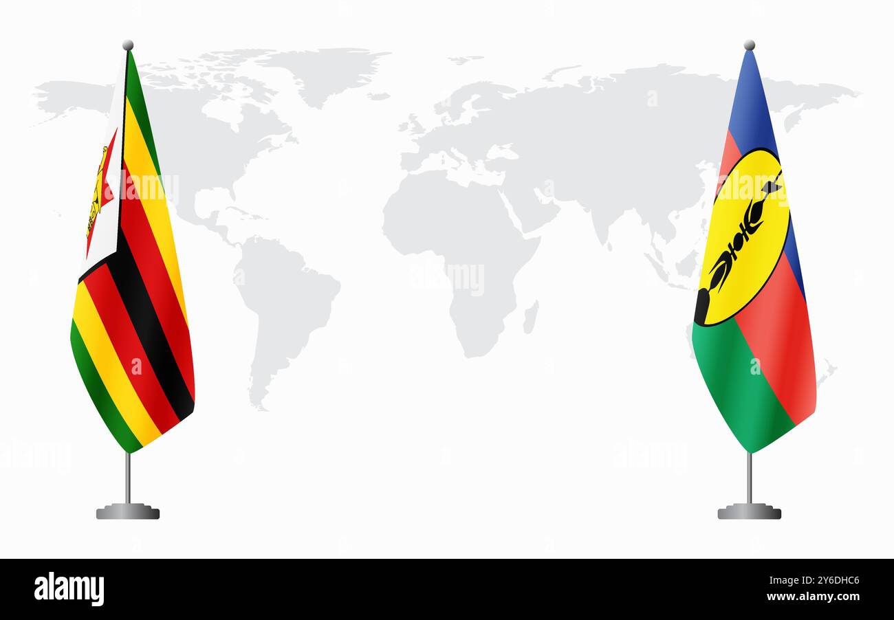 Bandiere dello Zimbabwe e della nuova Caledonia per l'incontro ufficiale sullo sfondo della mappa mondiale. Illustrazione Vettoriale