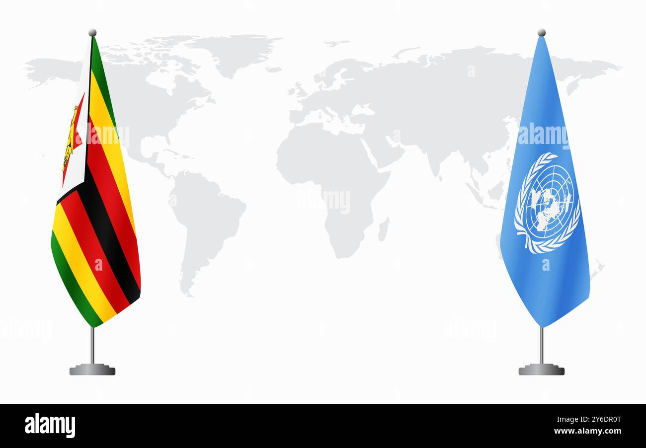 Bandiere dello Zimbabwe e delle Nazioni Unite per l'incontro ufficiale sullo sfondo della mappa mondiale. Illustrazione Vettoriale