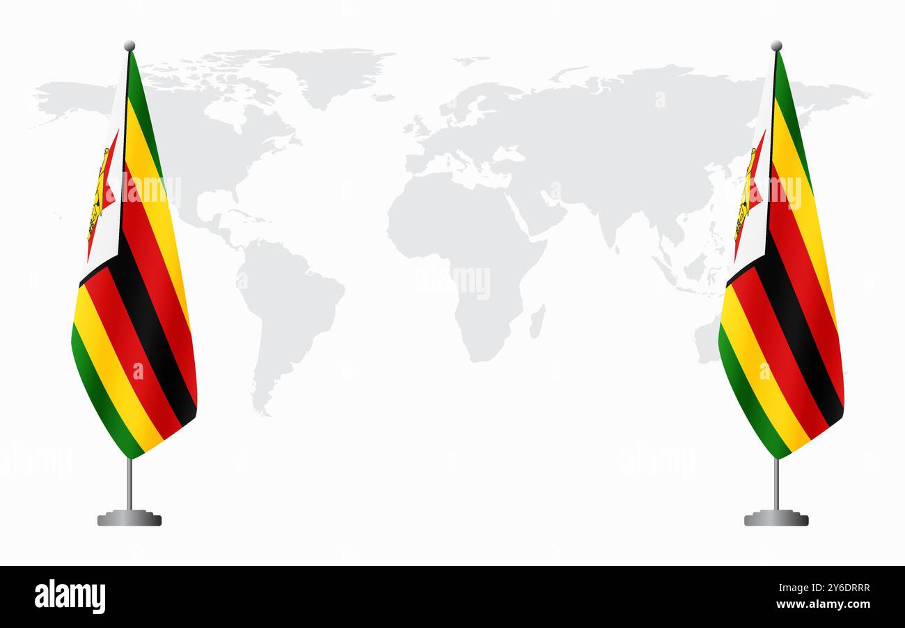 Bandiere dello Zimbabwe e dello Zimbabwe per la riunione ufficiale sullo sfondo della mappa mondiale. Illustrazione Vettoriale