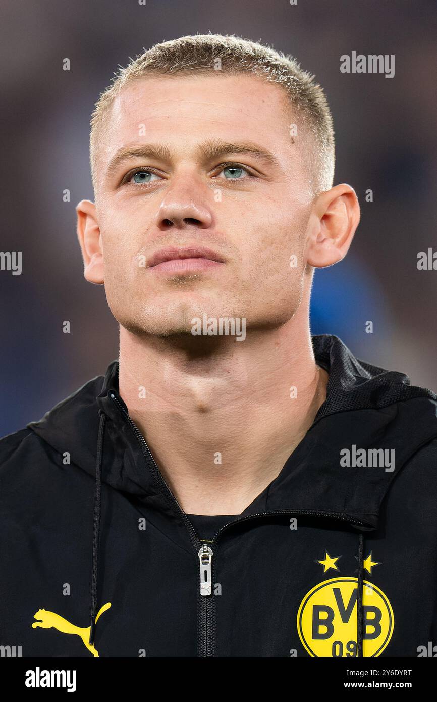 BRUGES, BELGIO - 18 SETTEMBRE: Julian Ryerson del Borussia Dortmund durante la fase MD1 della UEFA Champions League 2024/25 tra il Club Brugge KV e il Borussia Dortmund a Jan Breydelstadion il 18 settembre 2024 a Bruges, Belgio. (Foto di Joris Verwijst/BSR Agency) Foto Stock