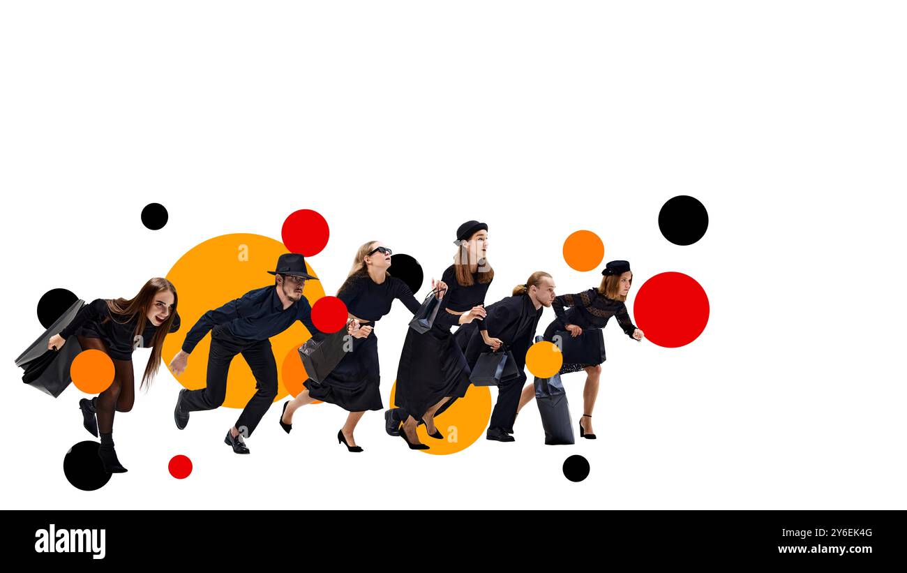 Poster. Collage d'arte contemporanea. Un determinato gruppo corre verso le vendite, pronto a cogliere le migliori offerte con stile. Sconti per il Black Friday a portata di mano. Foto Stock