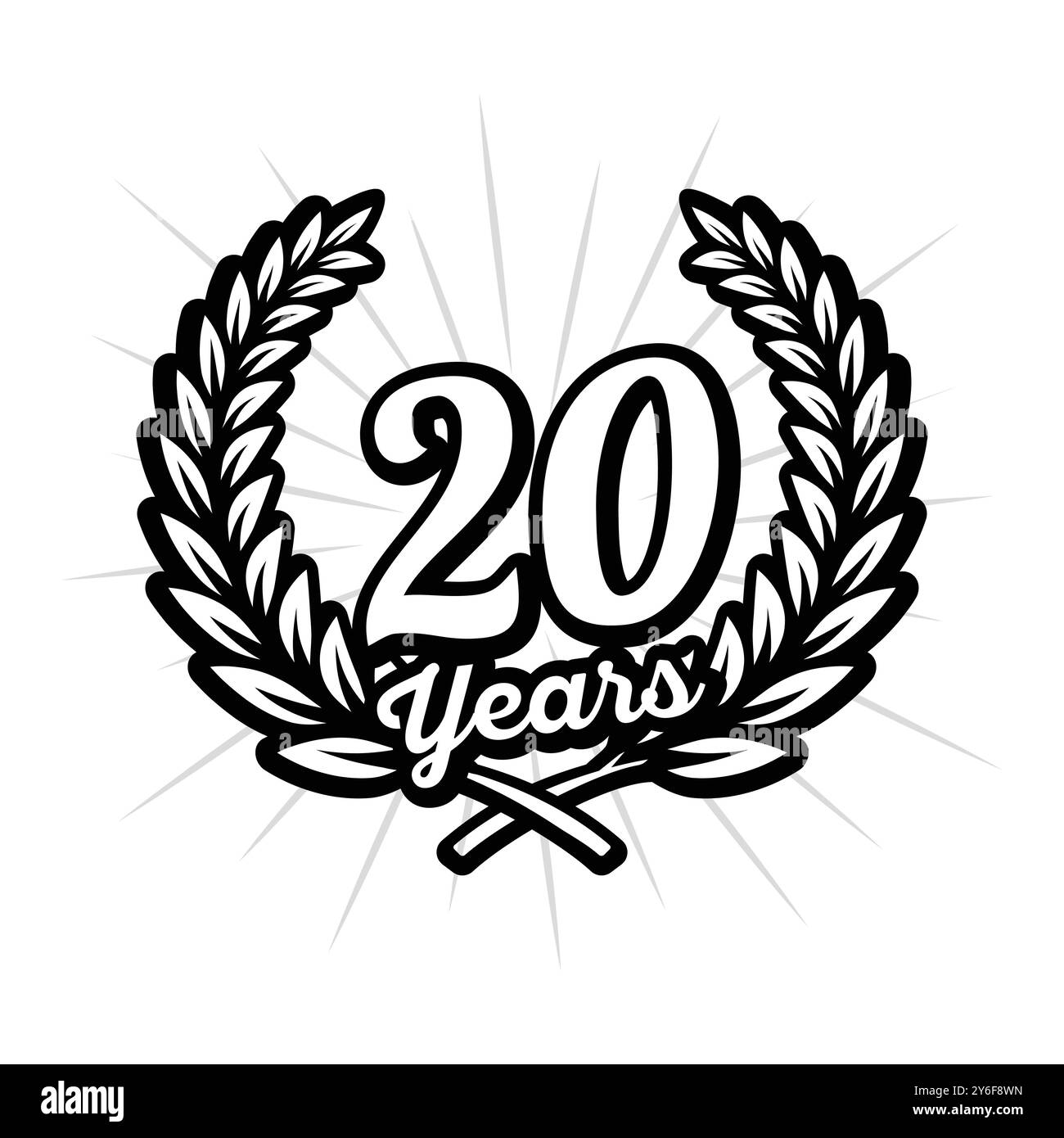 festeggiamenti per 20 anni con la corona di alloro. logo del ventesimo anniversario. Vettore e illustrazione. Illustrazione Vettoriale