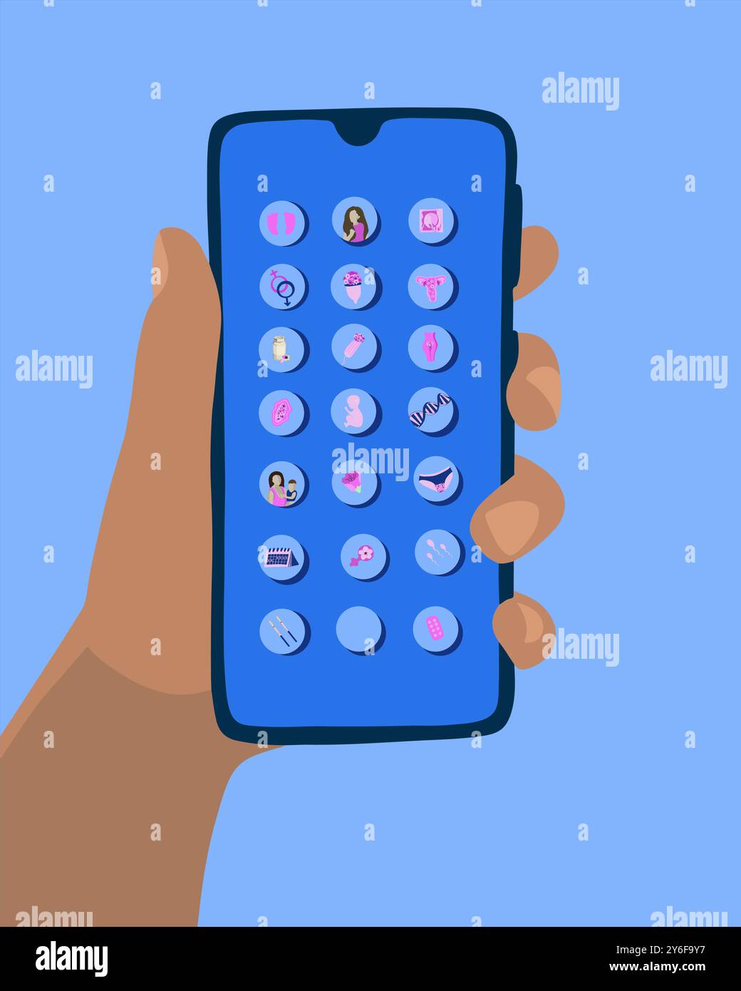 Una persona possiede un dispositivo mobile con varie icone per un'app per la fertilità mentre ne esplora le funzionalità in un ambiente rilassato Illustrazione Vettoriale