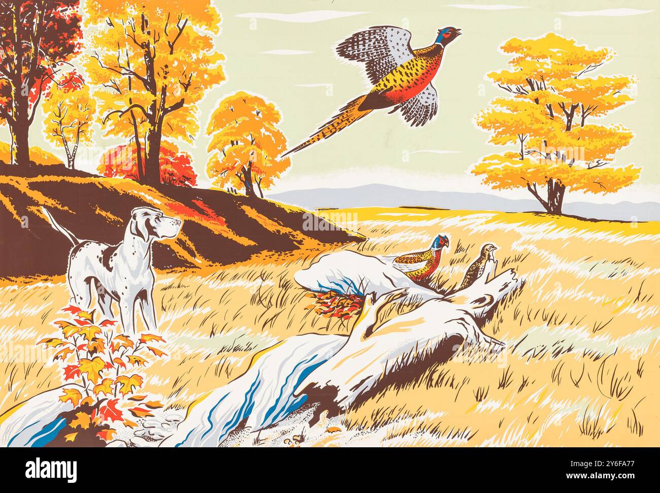 Autunno - poster del negozio d'epoca che raffigura una scena di caccia di un cane e fagiani - artista sconosciuto, anni '1950 Foto Stock