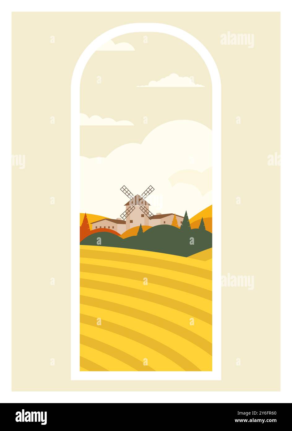 Vista del paesaggio della campagna autunnale. Skyline con le nuvole di campagna illustrazione in stile piatto Illustrazione Vettoriale