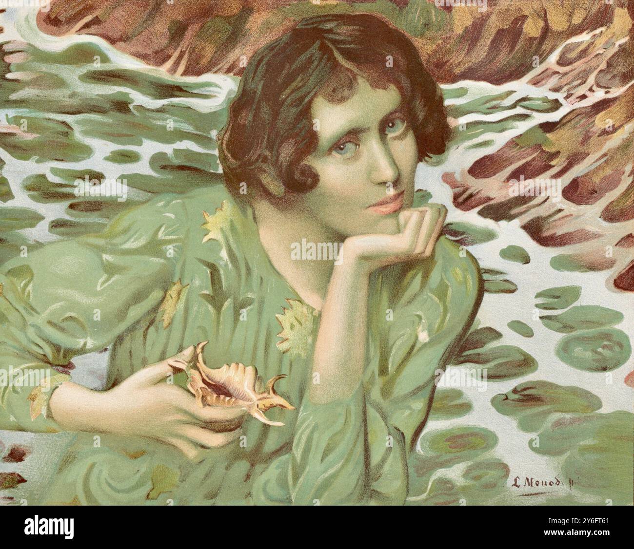 Lucien Hector Monod - la voce della fonte - 1899 - fanciulla verde che regge conchiglie marine. Foto Stock