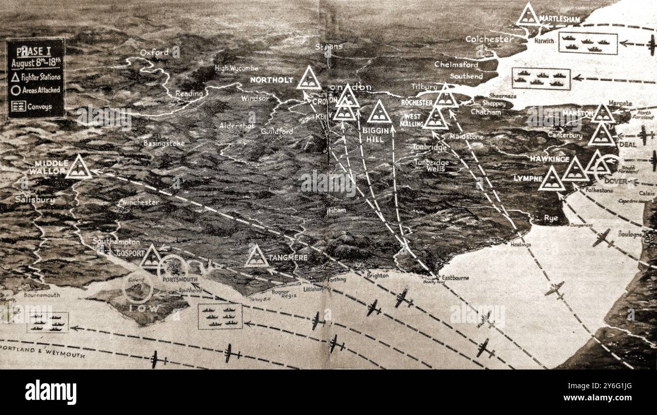Seconda guerra mondiale - Una mappa in tempo di guerra che mostra la prima fase tedesca della Battaglia d'Inghilterra. - Zweiter Weltkrieg - Eine Kriegskarte, Die erste deutsche Phase der Luftschlacht um England zeigt. -Seconda Guerre mondiale - Une carte du temps de guerre montrant la première phase allemande de la bataille d'Angleterre. - Foto Stock
