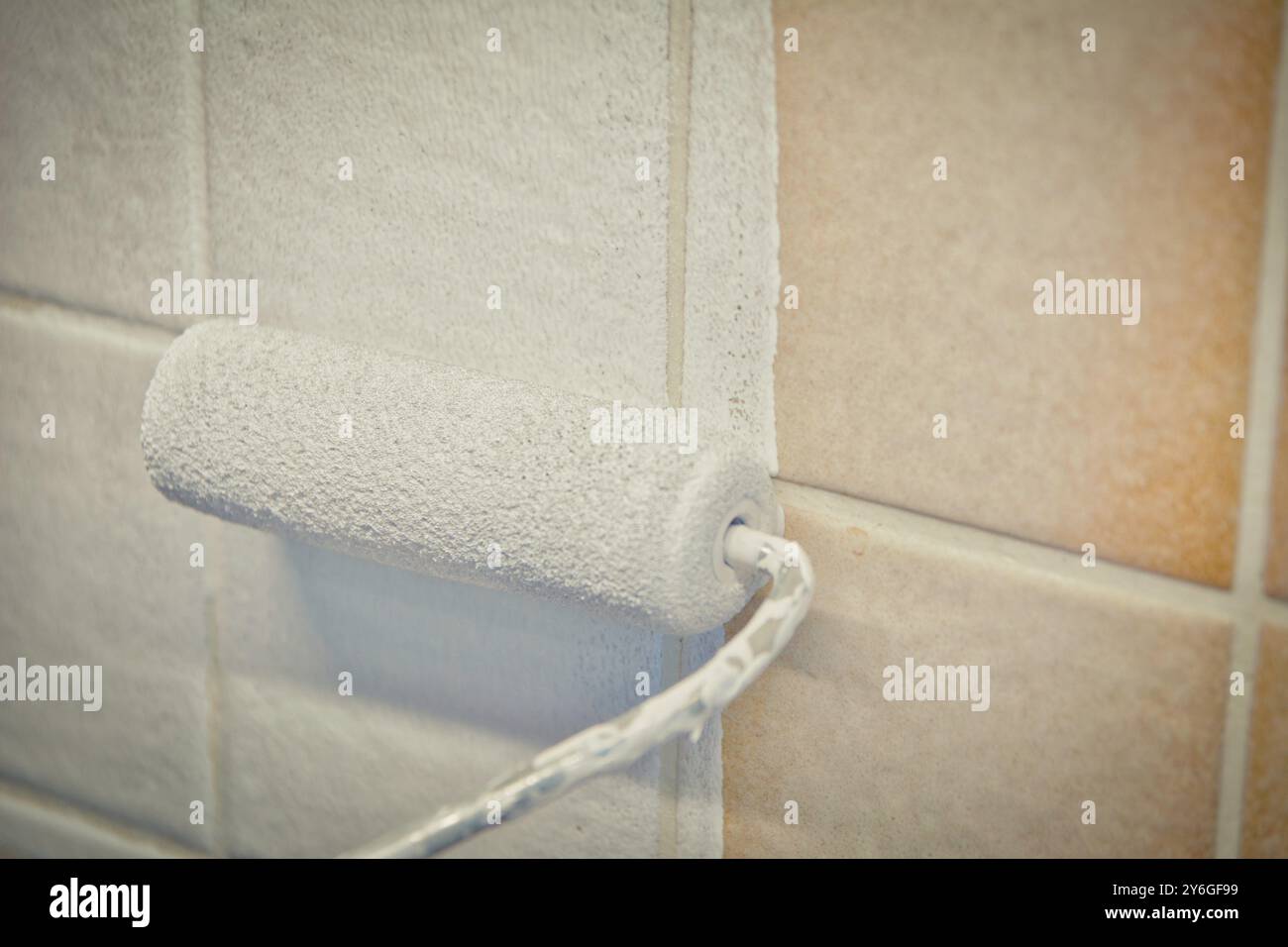 Dipingere vecchie piastrelle in cucina o in bagno di bianco con un piccolo rullo e vernice bicomponente. Ristrutturazione degli interni Foto Stock