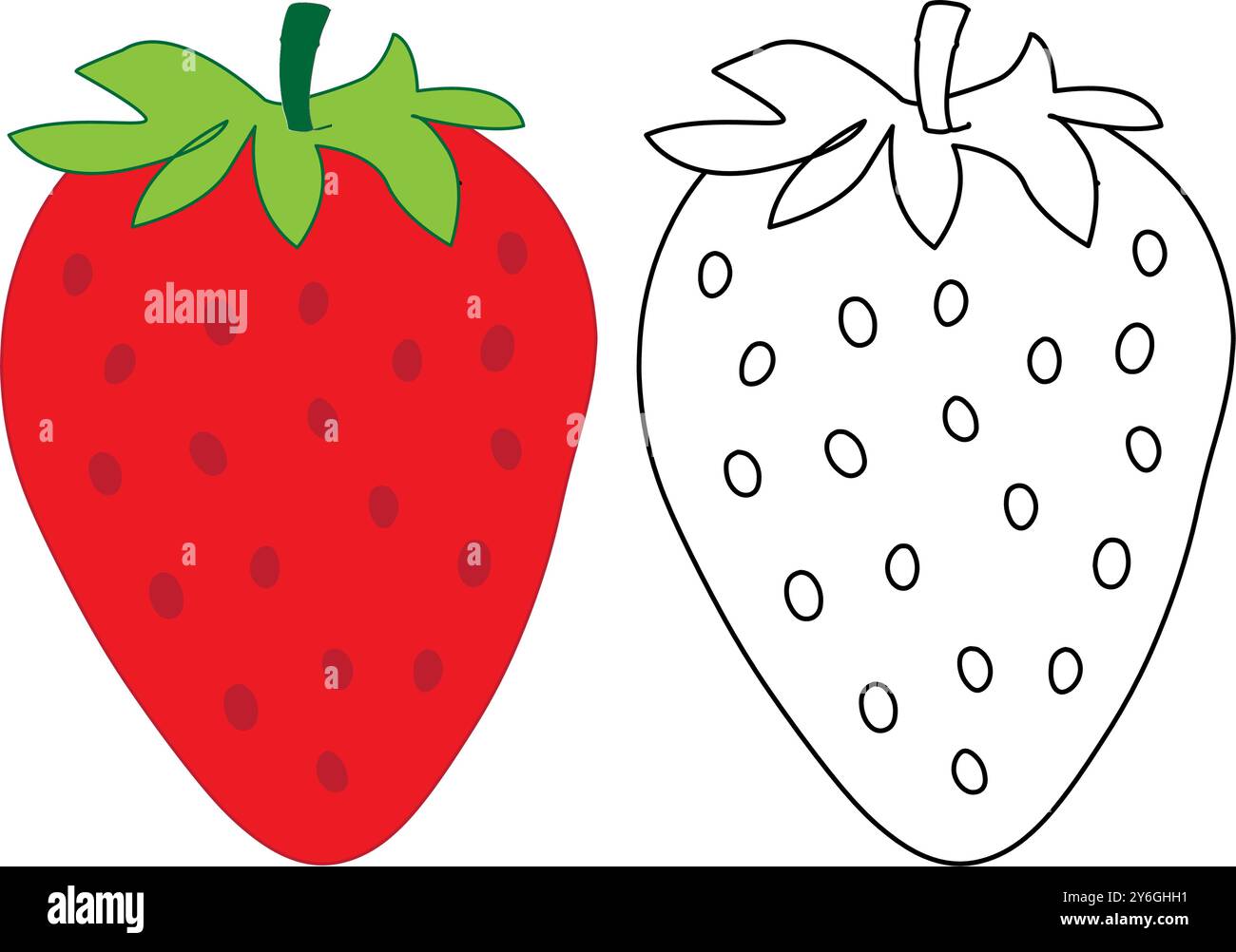 Fragola con il loro contorno, illustrazione per l'assegnazione della colorazione, materiale didattico, schizzo disegnato a mano in bianco e nero e vettore di lino colorato Illustrazione Vettoriale