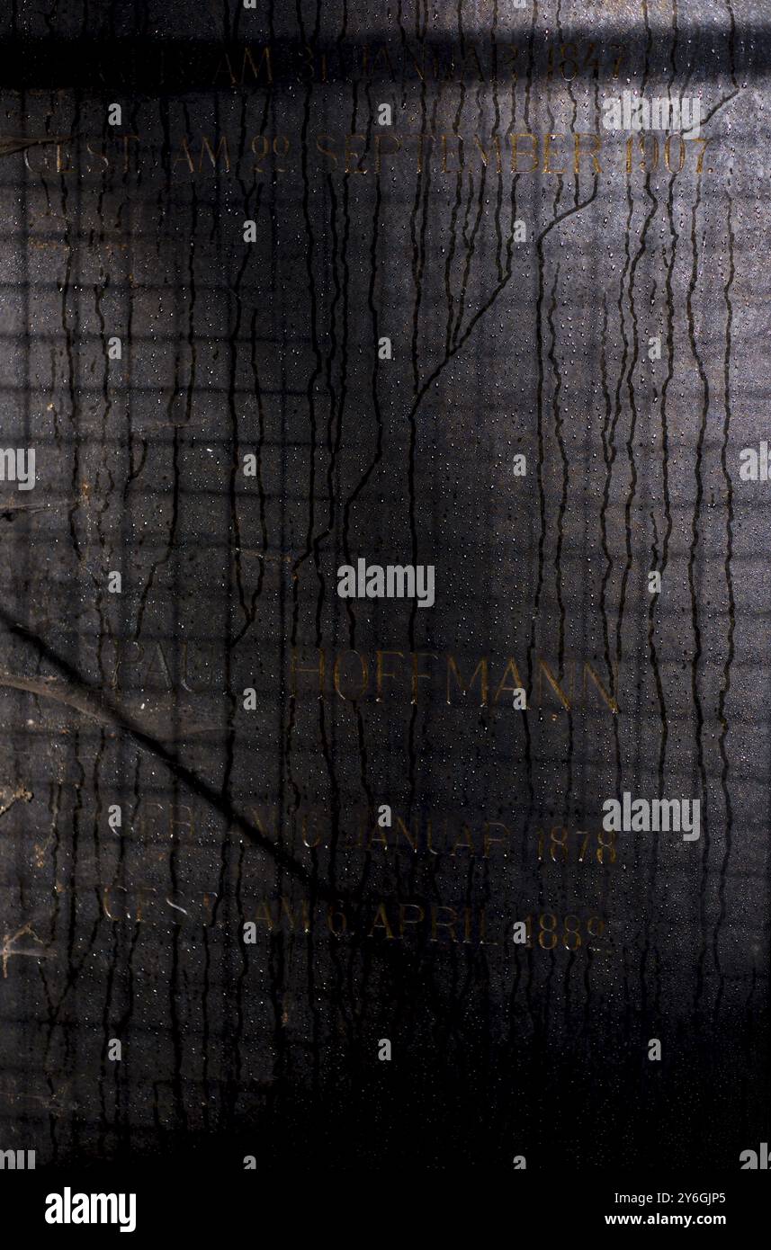 Germania, Berlino, 19.11.2023, cimitero ebraico di Weissensee, lapide con rivetti, pioggia, Europa Foto Stock