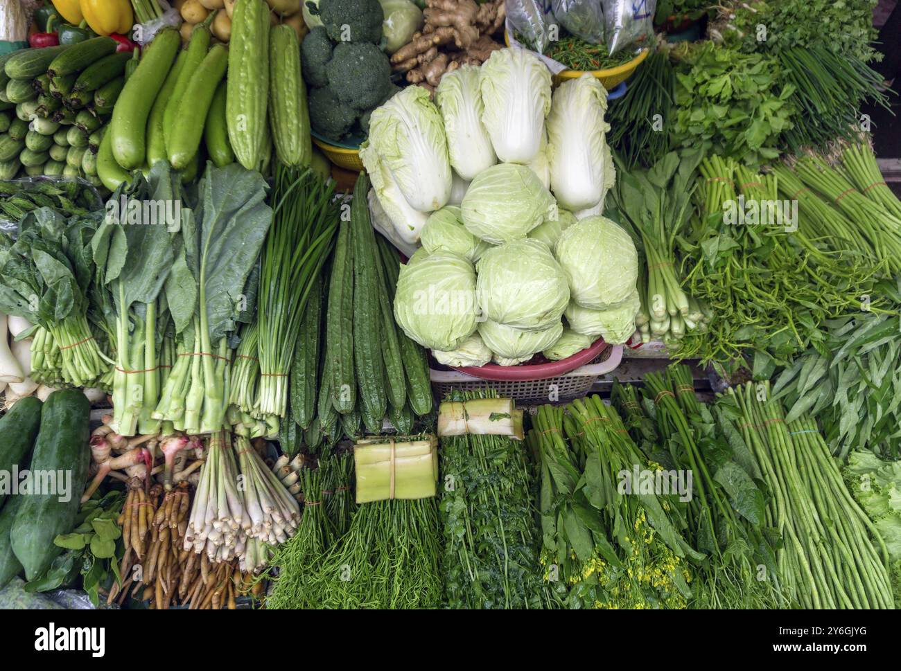 Verdure, spezie, radici e erbe sul contatore, il mercato locale in Thailandia Foto Stock