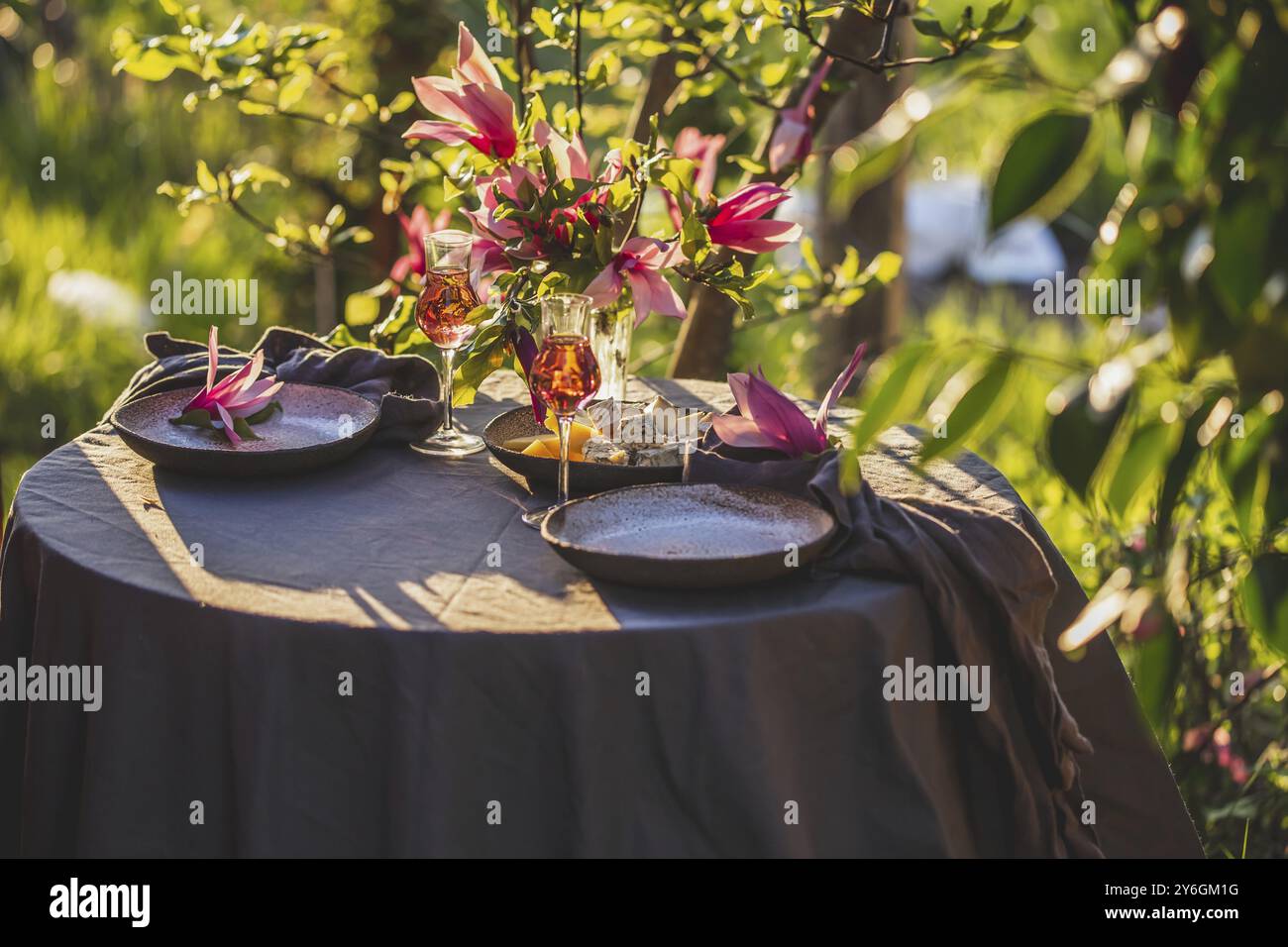 Cibo, splendido tavolo in giardino con luce del tramonto. Tavolo decorato con fiori di magnolia sotto l'albero di magnolia Foto Stock