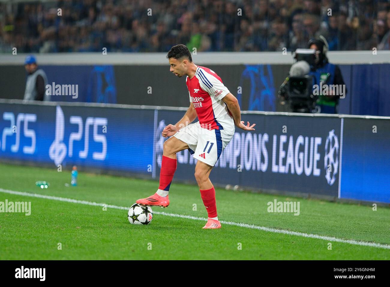 Gabriel Martinelli dell'FC Arsenal durante la partita di calcio UEFA Champions League 2024/2025 - League Phase MD1 tra l'Atalanta BC e l'Arsenal FC al GE Foto Stock