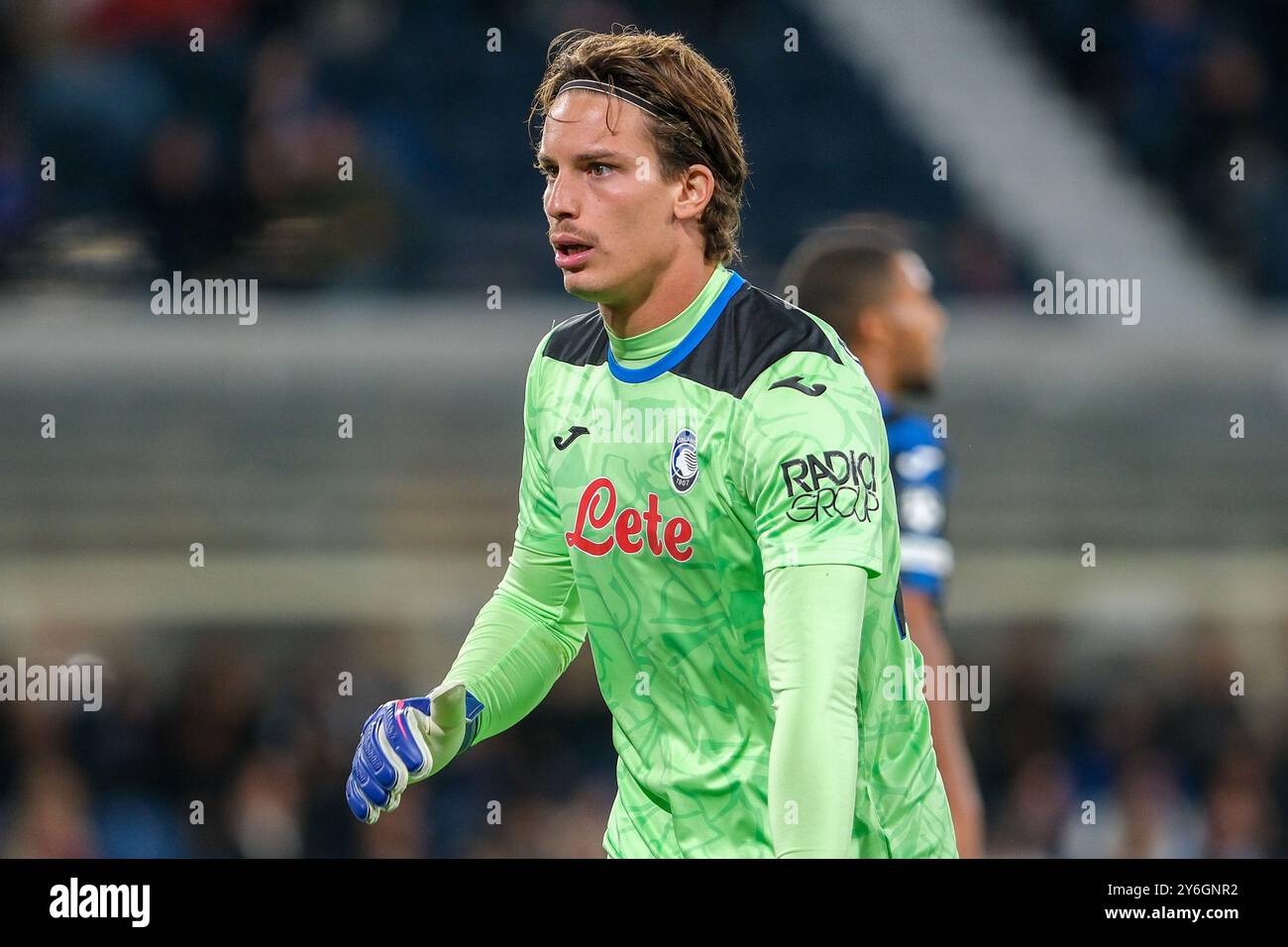 Marco Carnesecchi dell'Atalanta BC 1907 durante la partita di calcio UEFA Champions League 2024/2025 - League Phase MD1 tra l'Atalanta BC e l'Arsenal FC Foto Stock