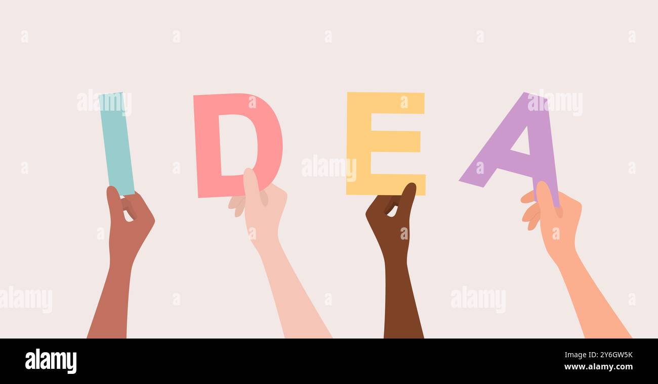 Mani di persone di nazionalità diverse che reggono lettere multicolore che formano la parola idea. Illustrazione vettoriale piatta Illustrazione Vettoriale Mani di persone di nazionalità diverse che reggono lettere multicolore che formano la parola idea. Illustrazione vettoriale piatta Illustrazione Vettoriale