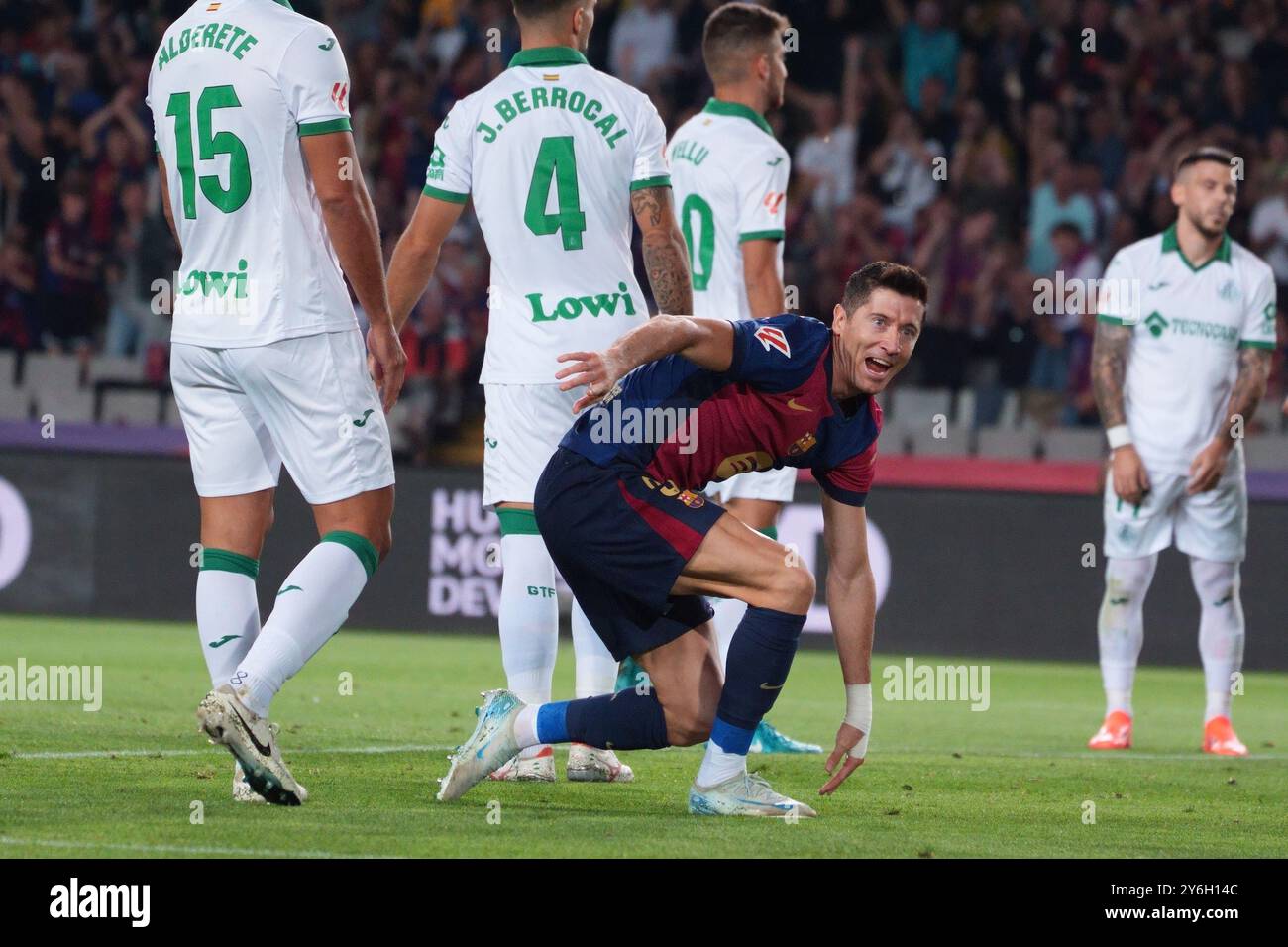 25 settembre 2024; Estadi ol&#xed;mpic LLU&#xed;S Companys, Barcellona, Spagna, la Liga spagnola, Barcellona contro Getafe; Lewandowski della festa di Barcellona dopo aver segnato per 1-0 al 19° minuto Foto Stock