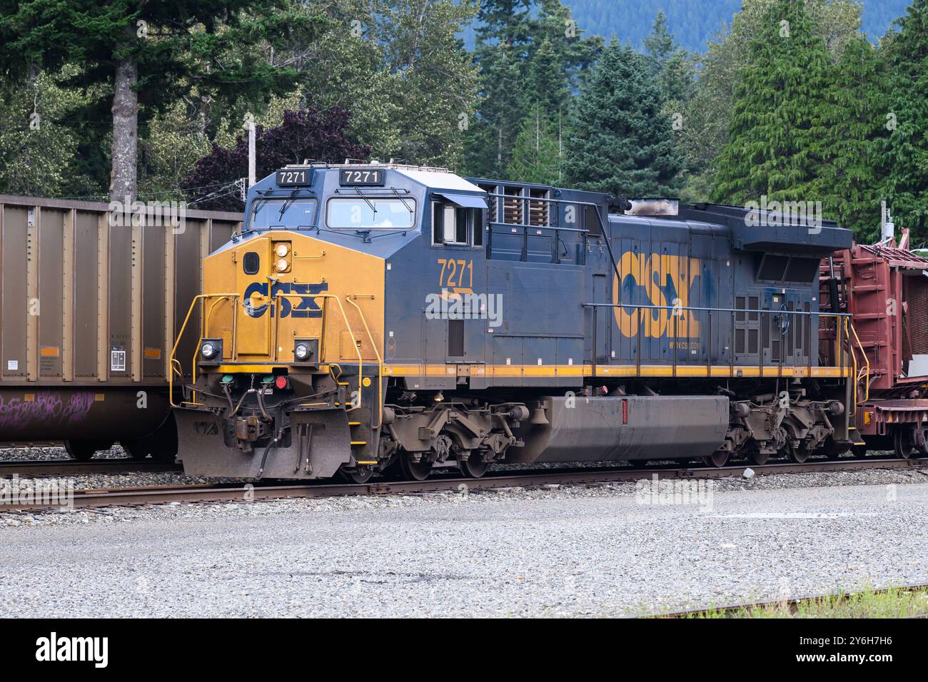 Skykomish. WA. USA - 26 agosto 2024; locomotiva merci CSX nel Pacifico nord-occidentale con marchio livrea e logo Foto Stock