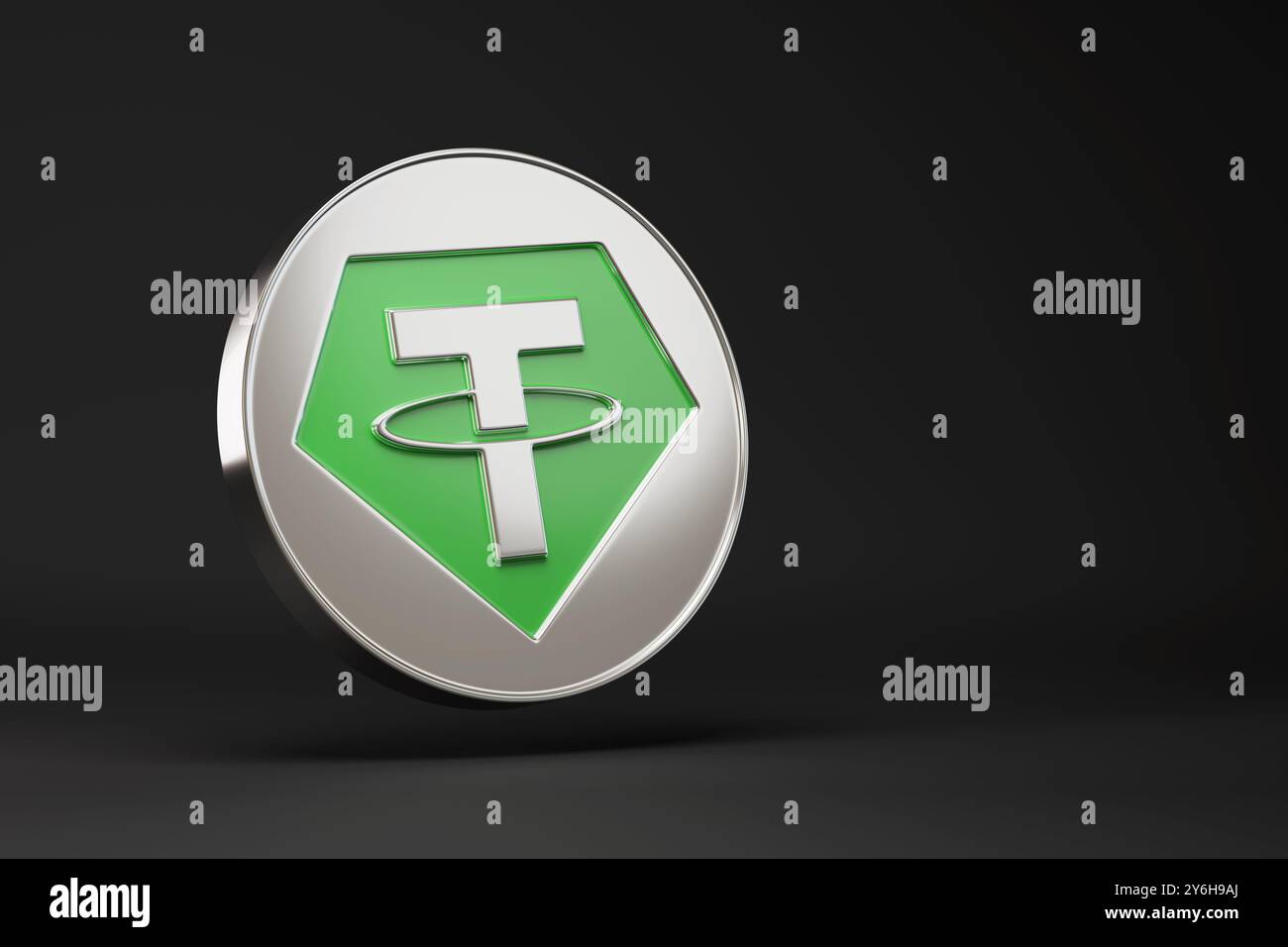 Tether USDT Coin su sfondo nero con spazio di copia. illustrazione 3d. Foto Stock