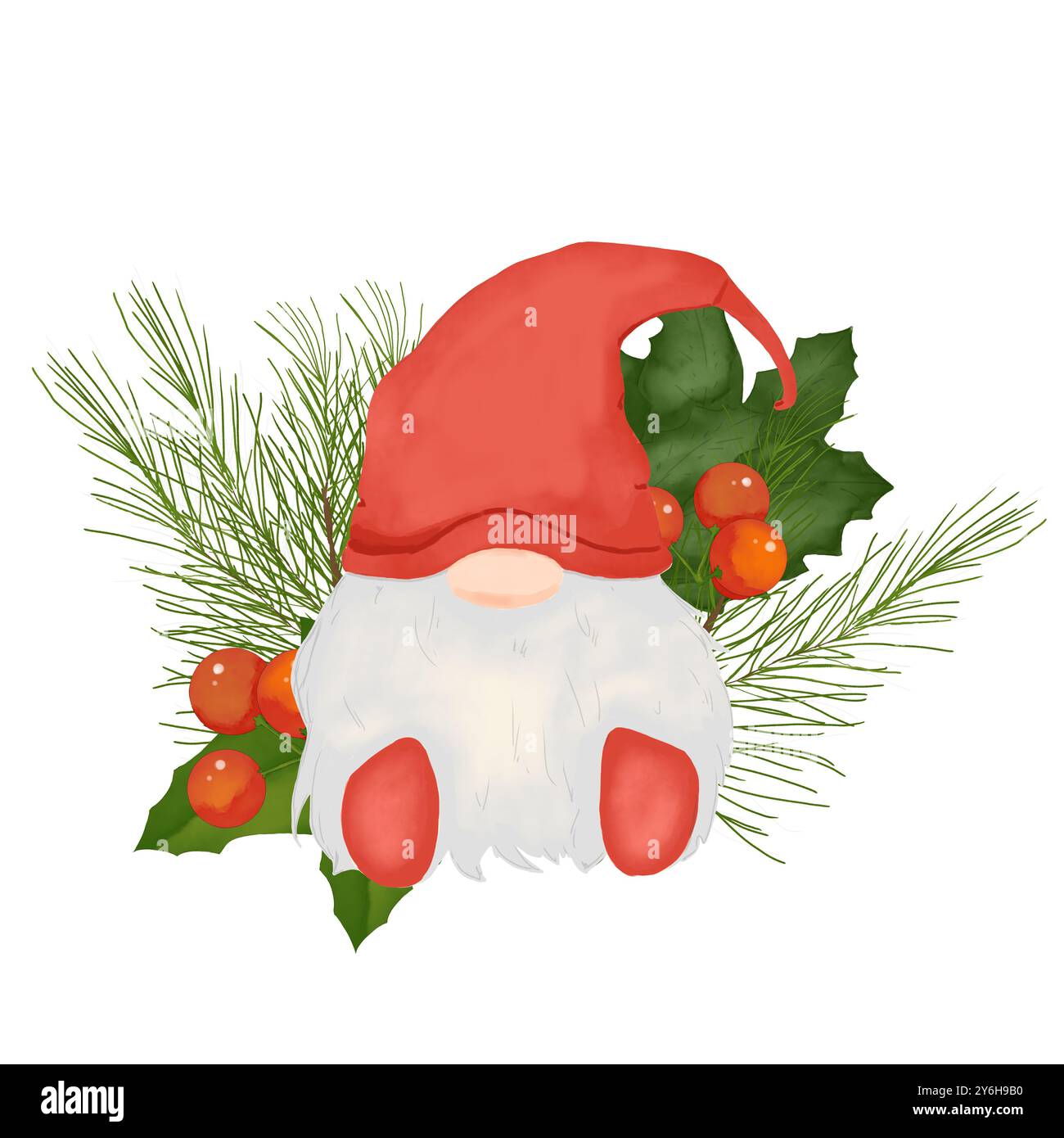 GNOME in un cappello rosso con la barba, con frutti di bosco e foglie. Illustrazione digitale con composizione ad acquerello per le vacanze invernali. Foto Stock