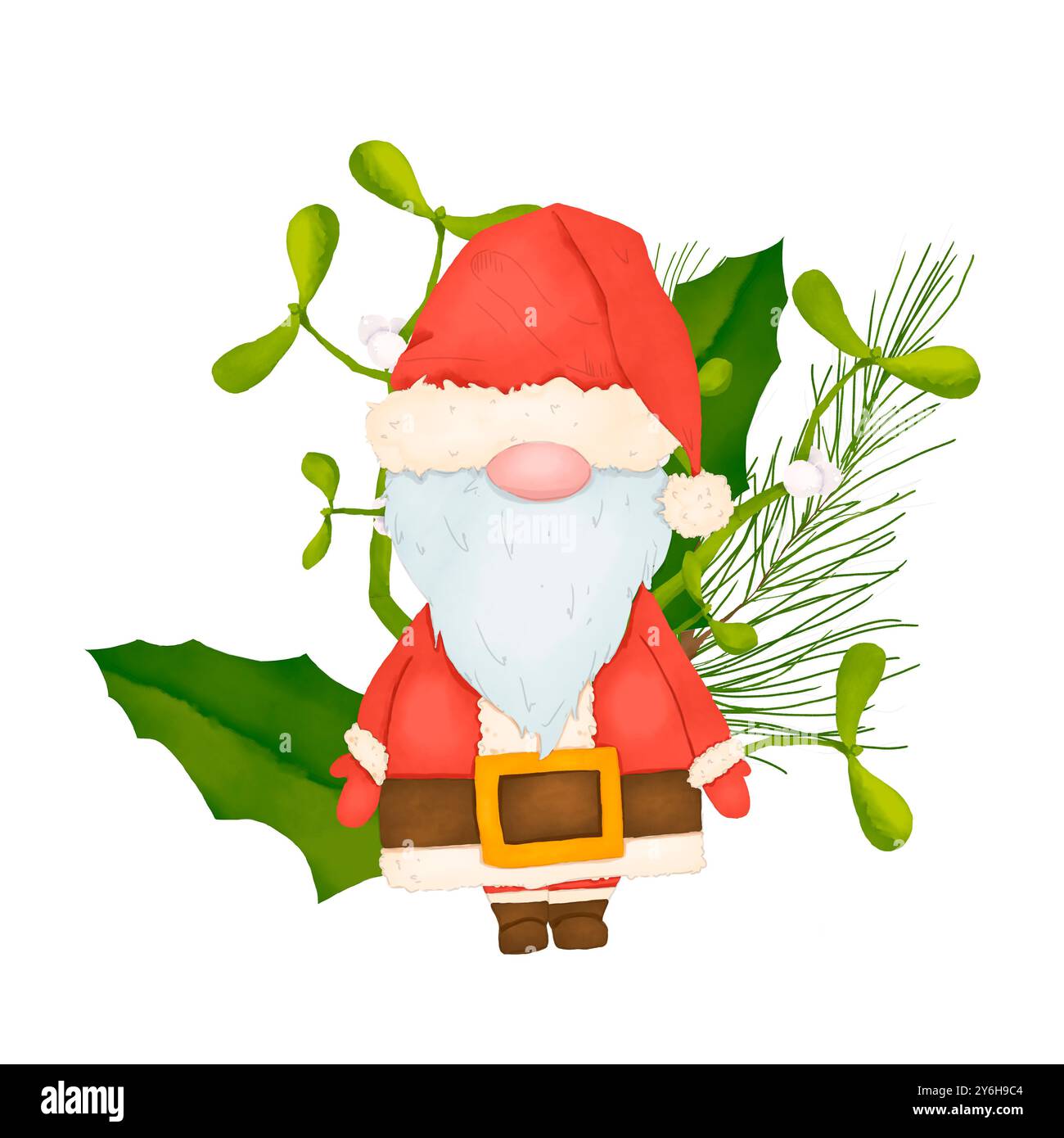 GNOME in abito rosso con barba e naso grande, con foglie e frutti di bosco. Illustrazione digitale con composizione ad acquerello per le vacanze invernali. Foto Stock