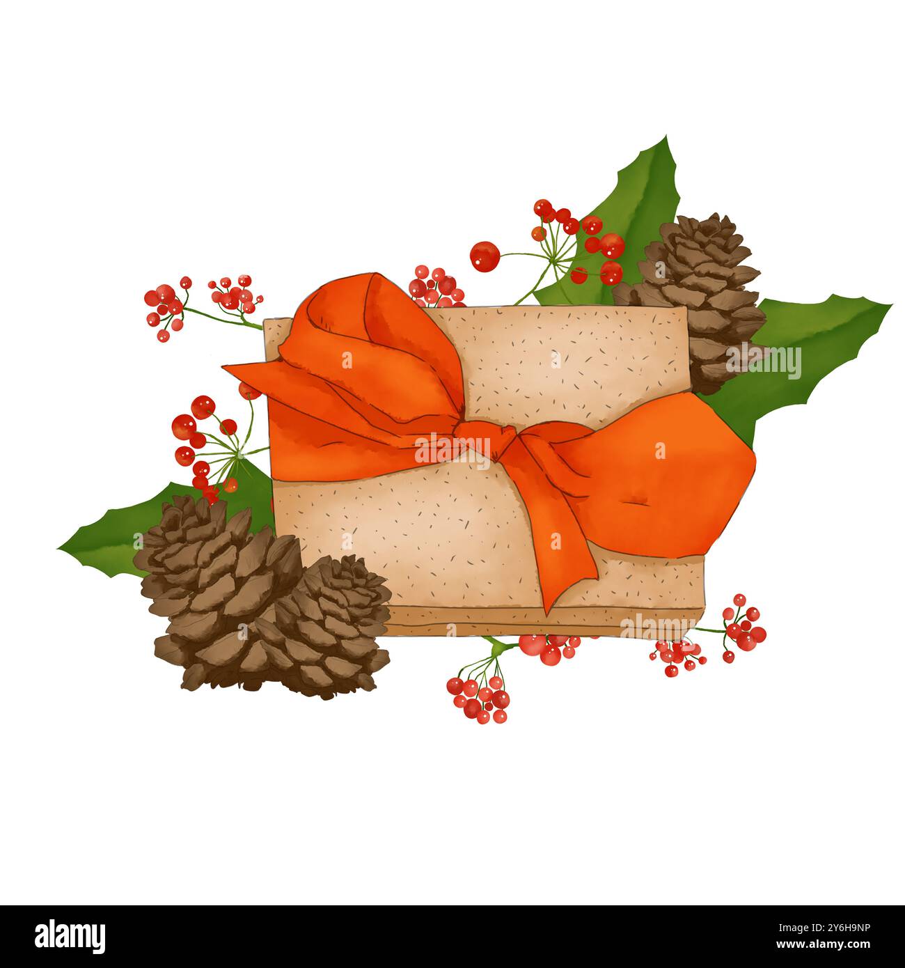 Scatola legata al nastro con coni di cedro, foglie di agrifoglio e frutti di bosco rossi. Illustrazione digitale con composizione ad acquerello per le vacanze invernali. Foto Stock