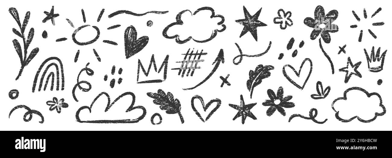 Set vettoriale nero disegnato a mano con gesso di pastelli per bambini. Nuvola a matita, fiore, elemento freccia, pennello nero disegnato a mano. Elementi doodle a forma di matita in gesso per bambini. Illustrazione vettoriale Illustrazione Vettoriale