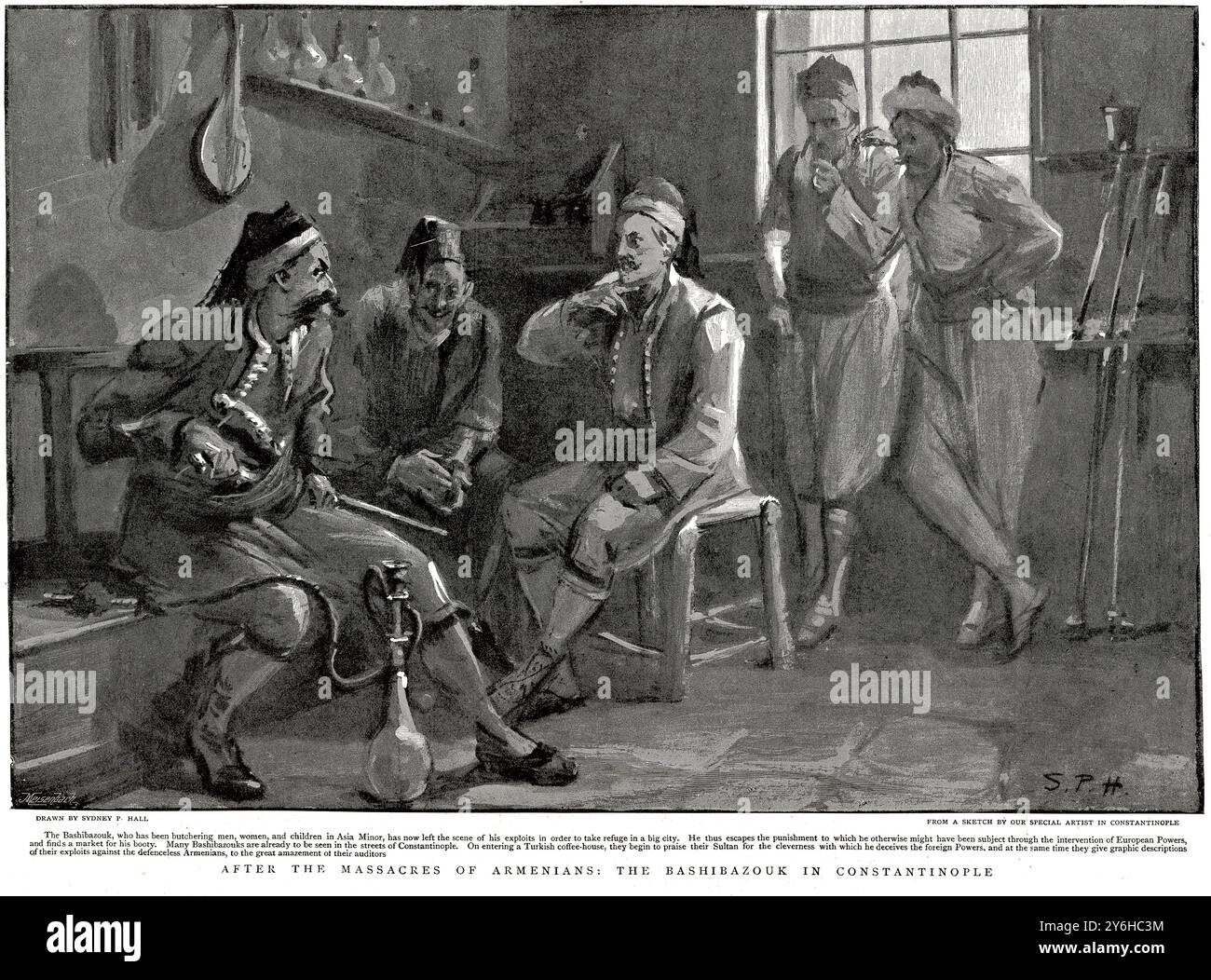 Un gruppo di bashi-bazouk, (turco per mercenario soldato) appartenente alle truppe irregolari o alle schermaglie dell'Impero ottomano, e noto per la loro indisciplina, saccheggi e brutalità, rilassati in una caffetteria a Costantinopoli dopo il massacro degli uomini. Donne e bambini in Armenia. Pubblicato sulla rivista Graphic, 7 marzo 1896. Foto Stock