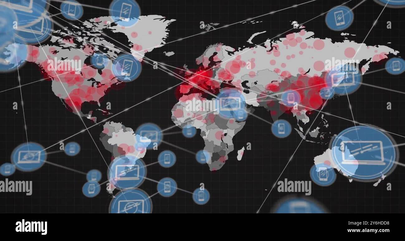 Immagine della rete di connessioni con punti sulla mappa del mondo Foto Stock