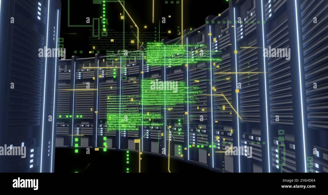 Immagine della scheda a circuito stampato e dell'elaborazione dei dati digitali su server informatici Foto Stock